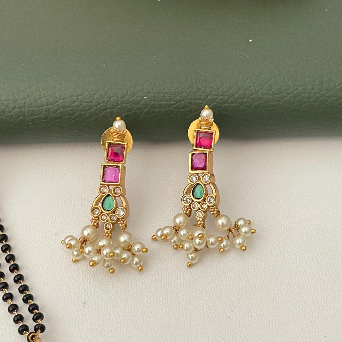 Gold Plated Tanmani Mangalsutra Set: Black Beads, Ruby green Pendant