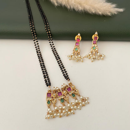 Gold Plated Tanmani Mangalsutra Set: Black Beads, Ruby green Pendant