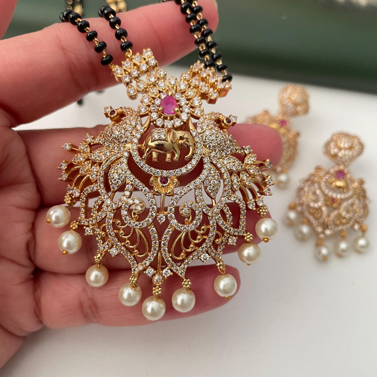 Gold Plated Victorian style cubic zirconia big pendent Mangalsutra