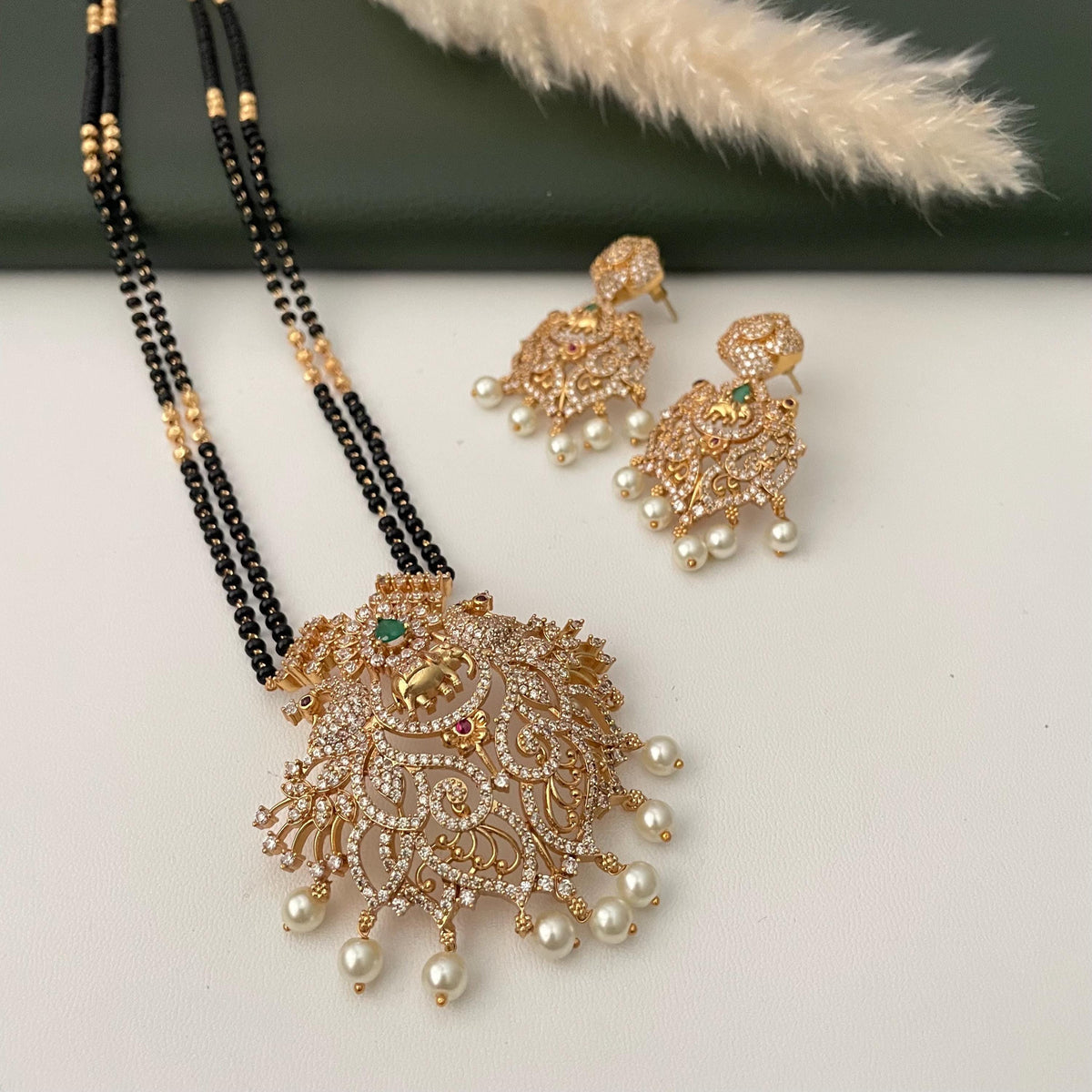Gold Plated Victorian style cubic zirconia big pendent Mangalsutra