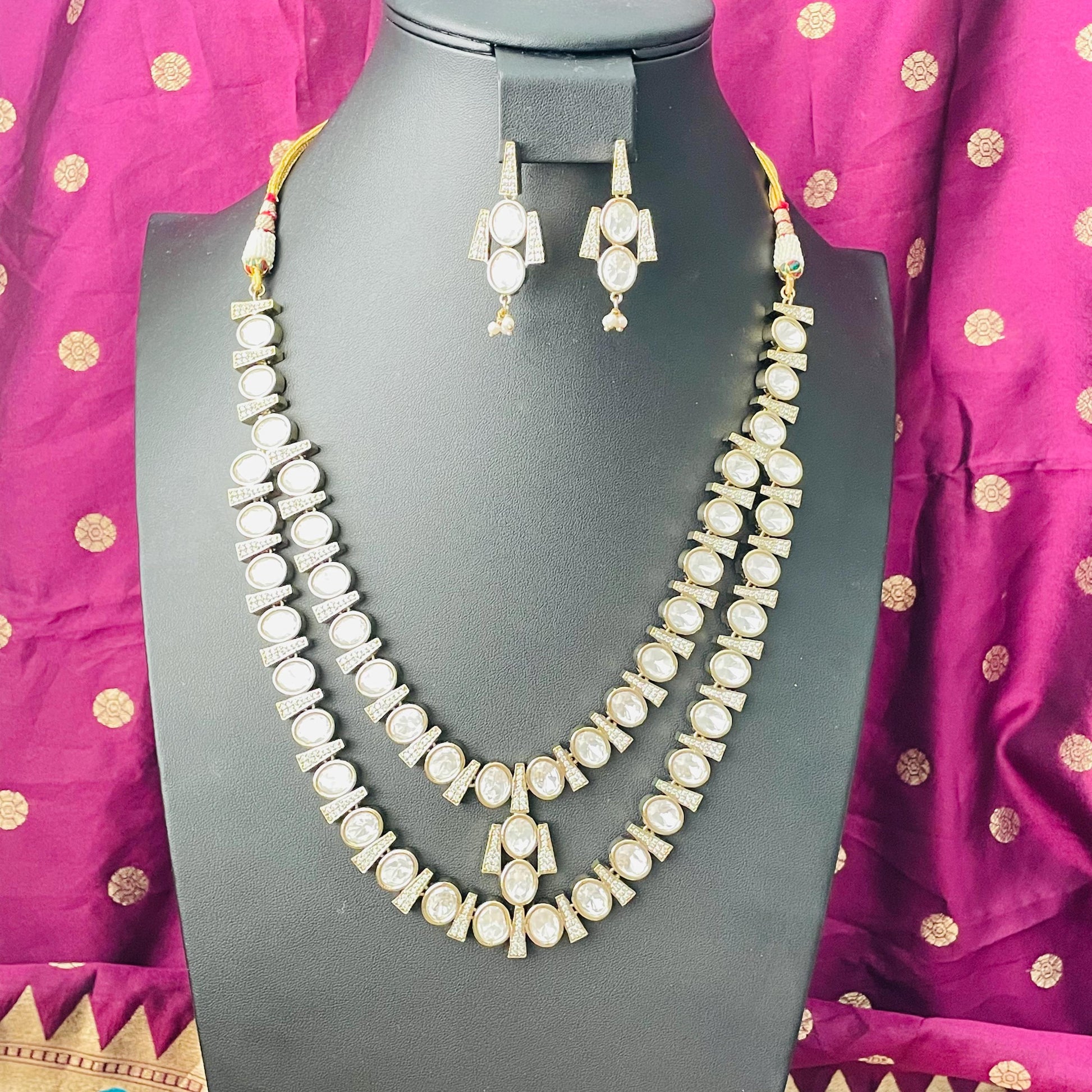 Gold Plated Kundan long layered Necklace Set: Indian Trendy Jewelry
