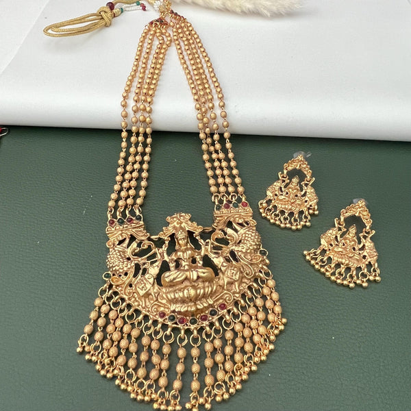Antique Gold Plated Temple Necklace Ruby Green Stones with Earrings