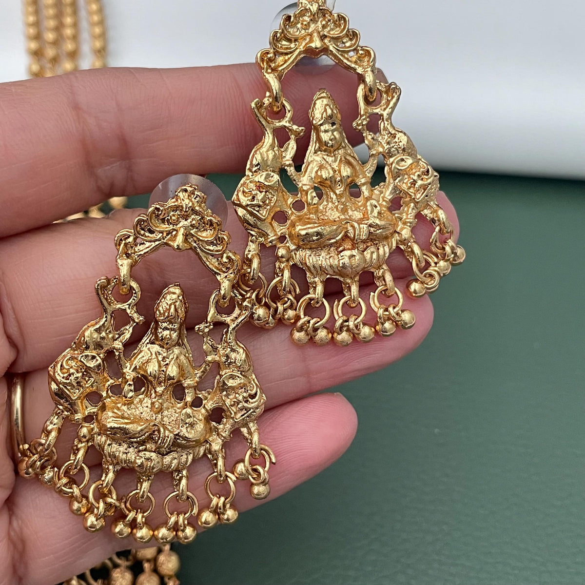 Antique Gold Plated Temple Necklace Ruby Green Stones with Earrings