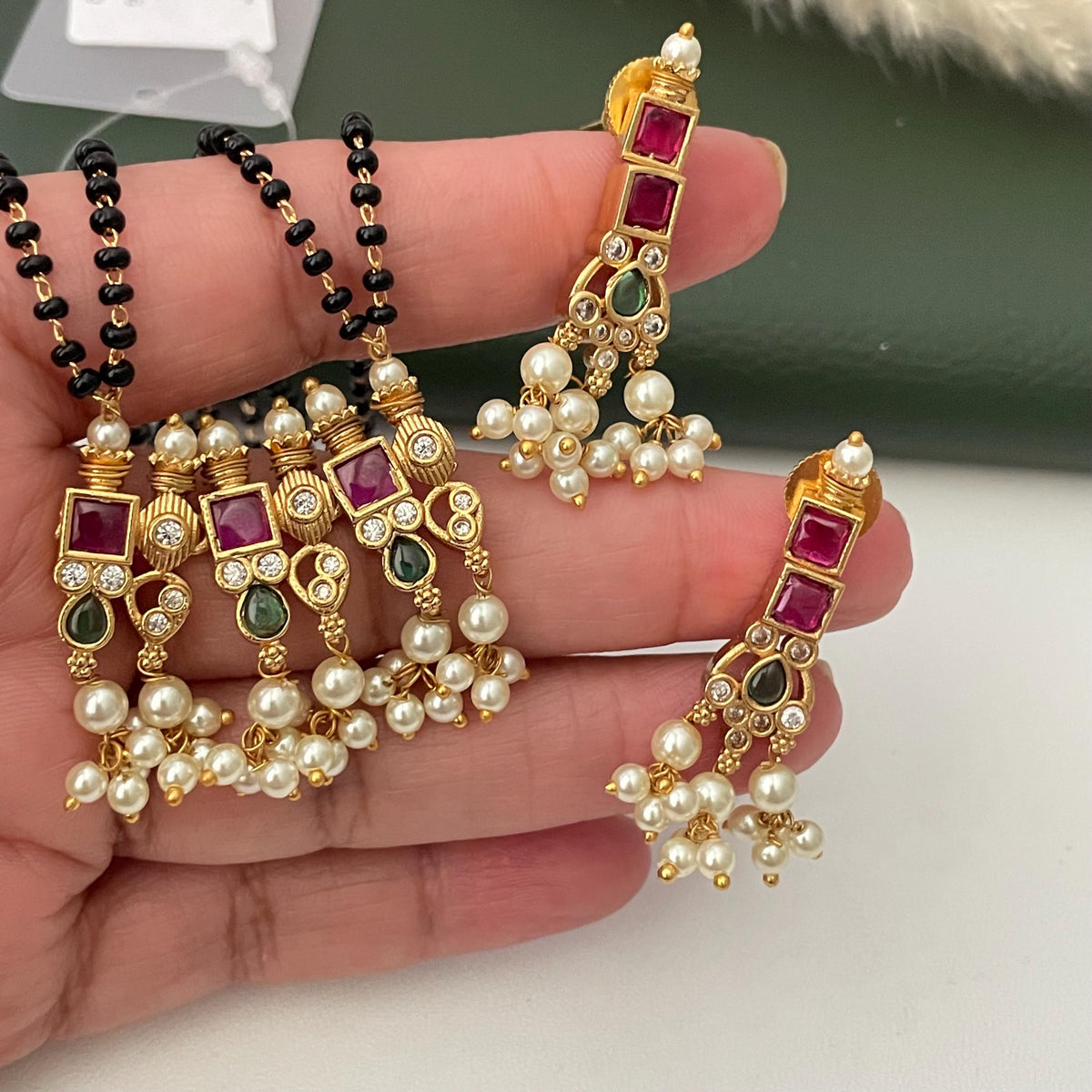 Gold Plated Tanmani Mangalsutra Set: Black Beads, Ruby green Pendant