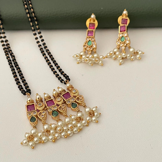 Gold Plated Tanmani Mangalsutra Set: Black Beads, Ruby green Pendant