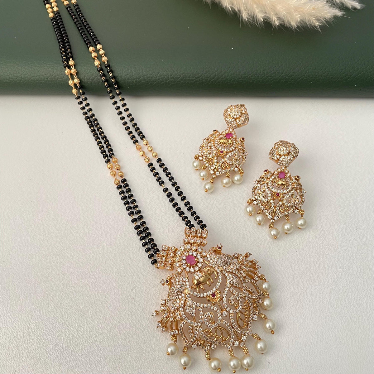Gold Plated Victorian style cubic zirconia big pendent Mangalsutra