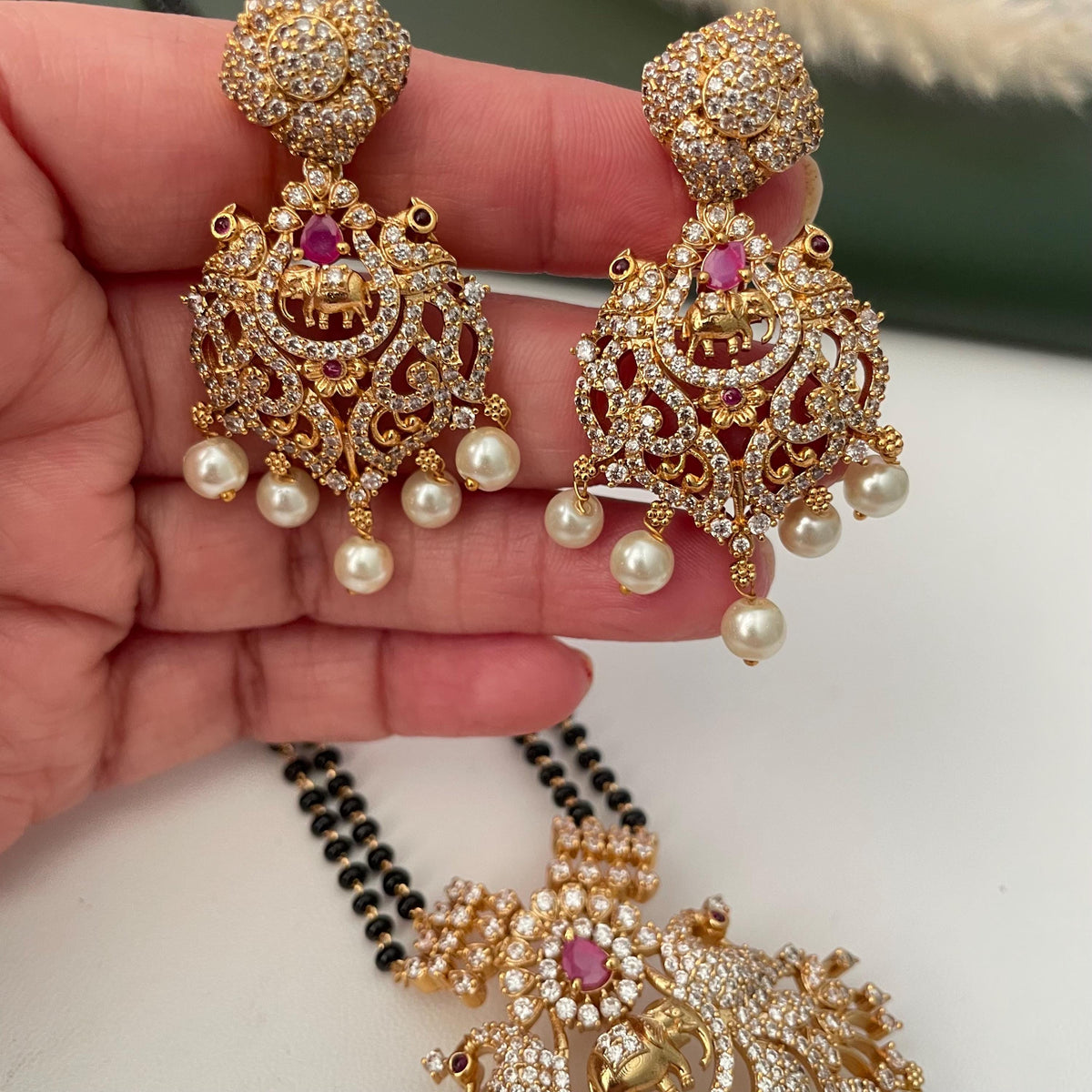 Gold Plated Victorian style cubic zirconia big pendent Mangalsutra