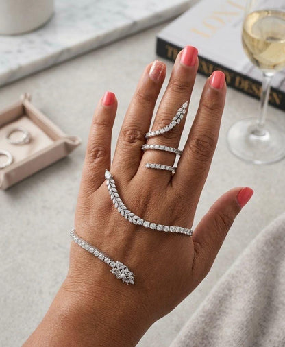 Cubic zirconia Palm bracelet in rhodium or gold plating with matching ring