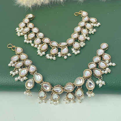 kundan and pearl gold plated ear chain