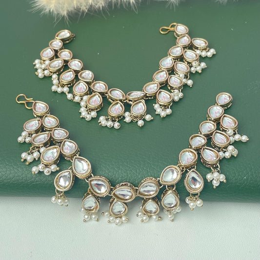 kundan and pearl gold plated ear chain
