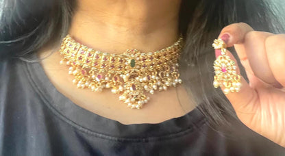 Kemp Stone Gold Plated Necklace Set: Ruby Green Haaram, South Indian Jewelry