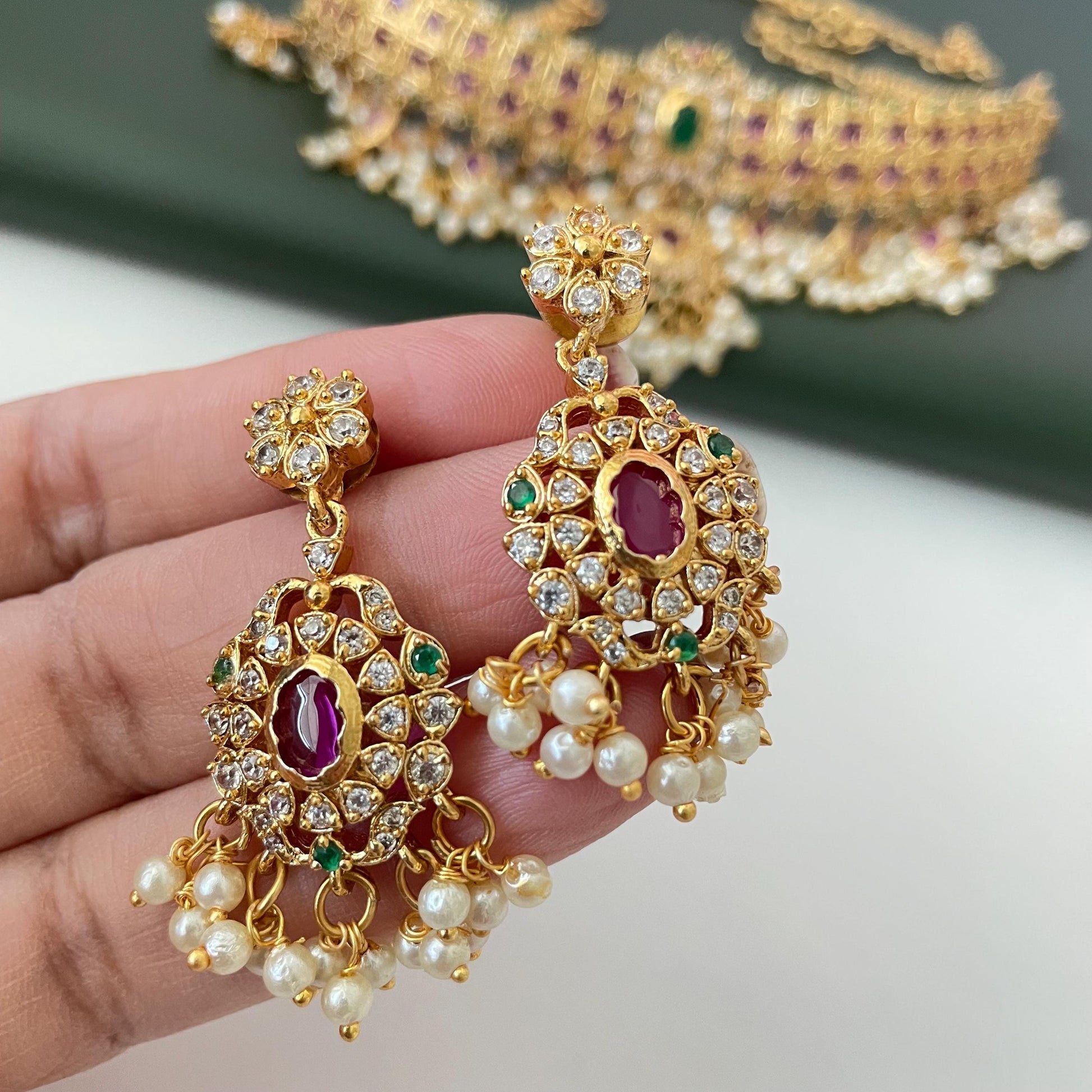 Kemp Stone Gold Plated Necklace Set: Ruby Green Haaram, South Indian Jewelry