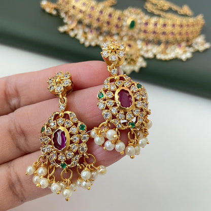 Kemp Stone Gold Plated Necklace Set: Ruby Green Haaram, South Indian Jewelry