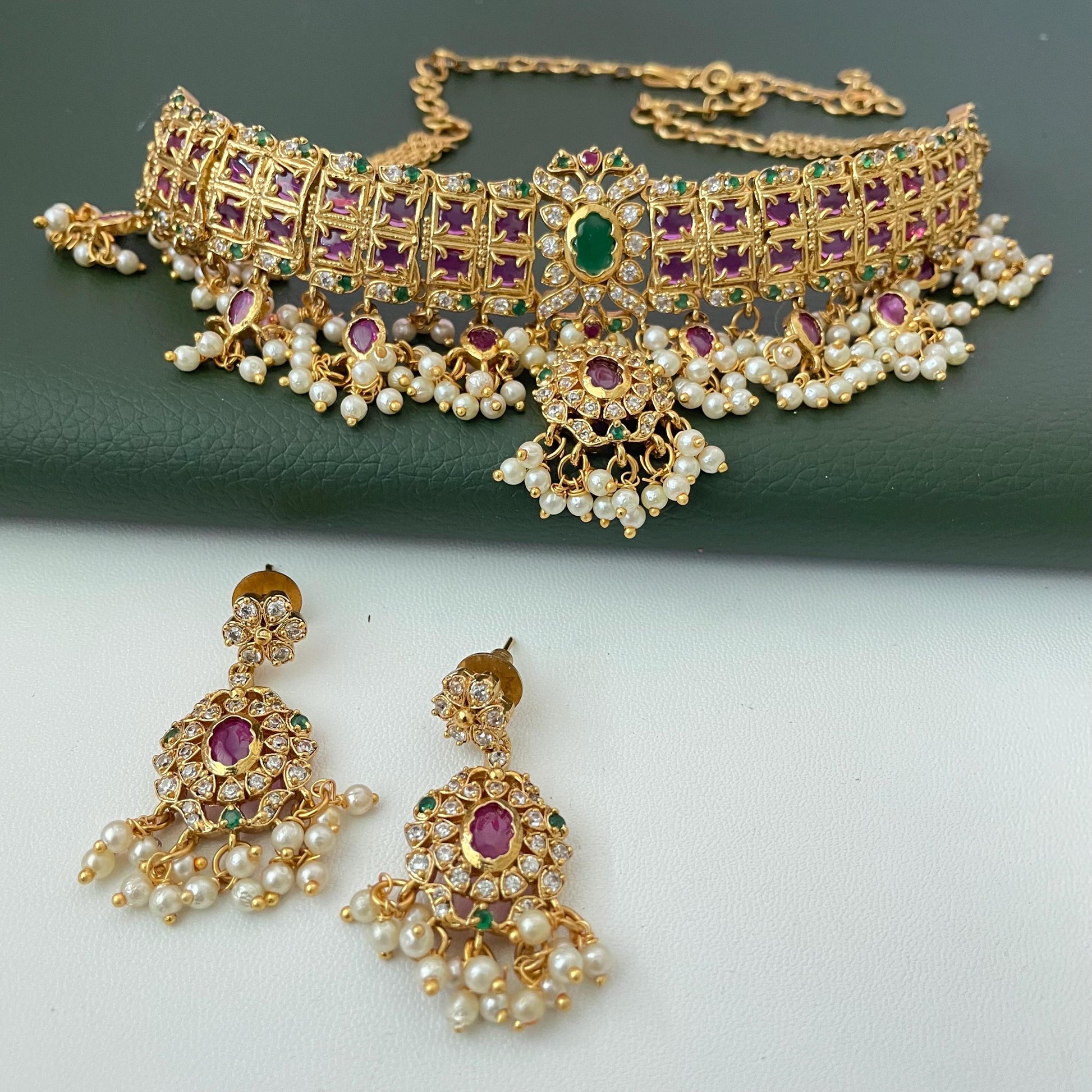 Kemp Stone Gold Plated Necklace Set: Ruby Green Haaram, South Indian Jewelry