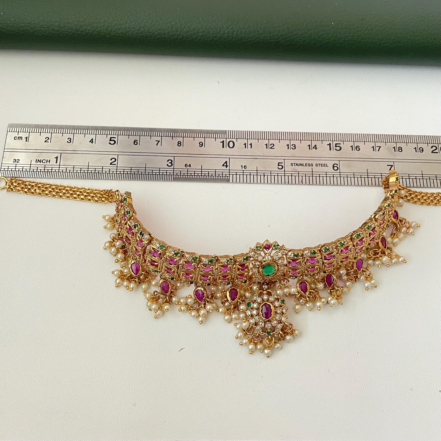 Kemp Stone Gold Plated Necklace Set: Ruby Green Haaram, South Indian Jewelry