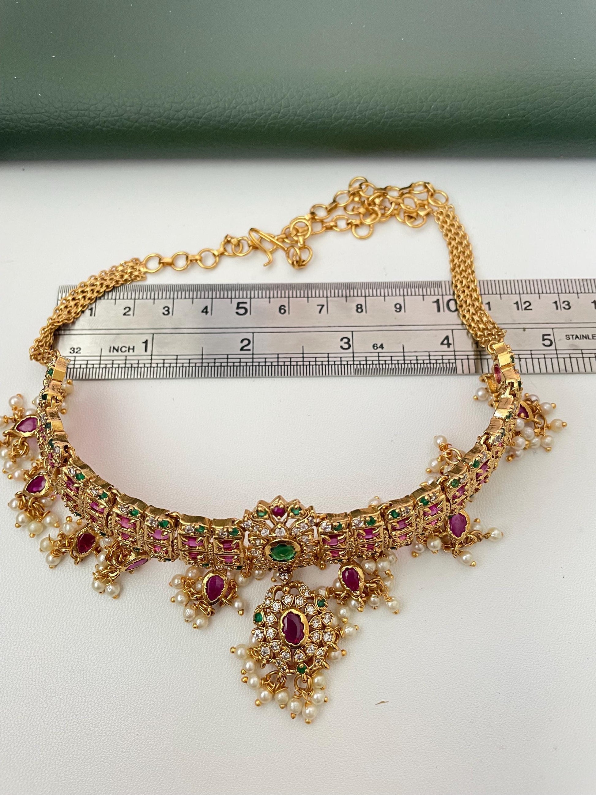 Kemp Stone Gold Plated Necklace Set: Ruby Green Haaram, South Indian Jewelry