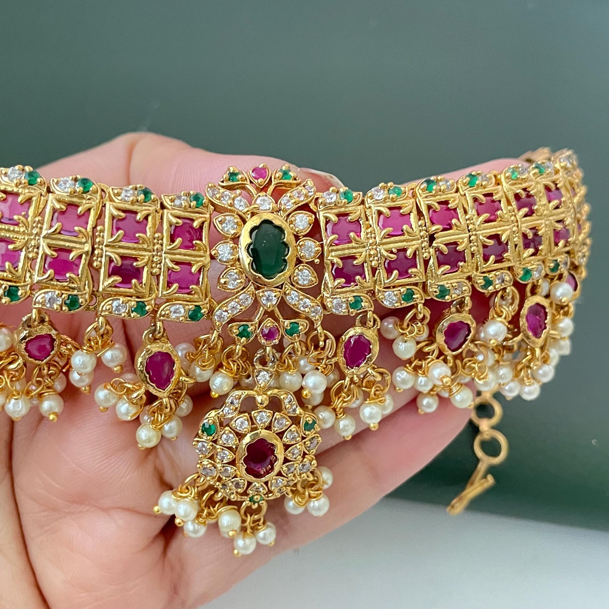 Kemp Stone Gold Plated Necklace Set: Ruby Green Haaram, South Indian Jewelry