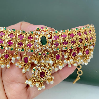 Kemp Stone Gold Plated Necklace Set: Ruby Green Haaram, South Indian Jewelry
