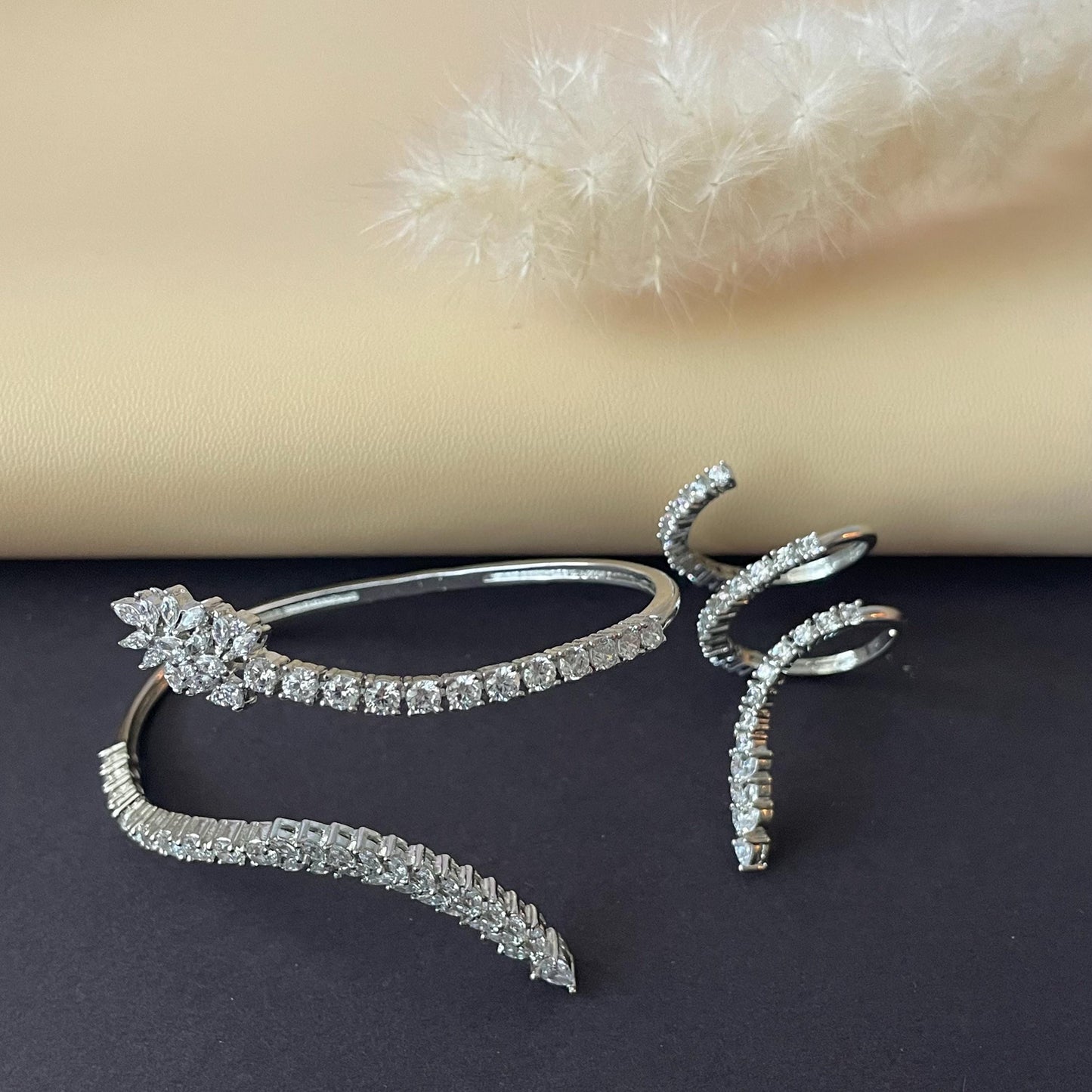 Cubic zirconia Palm bracelet in rhodium or gold plating with matching ring