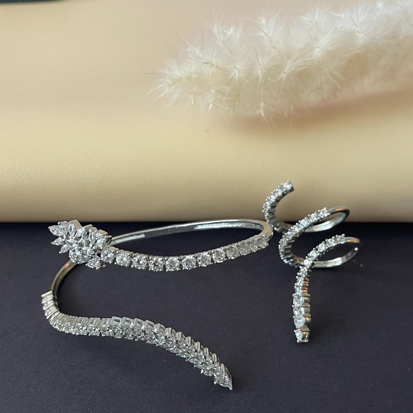 Cubic zirconia Palm bracelet in rhodium or gold plating with matching ring