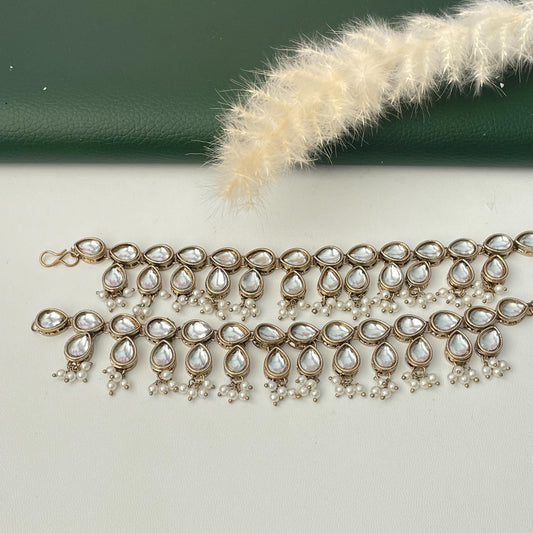 Gold Plated kundan and pearl Ear Chain: Kaan Vel