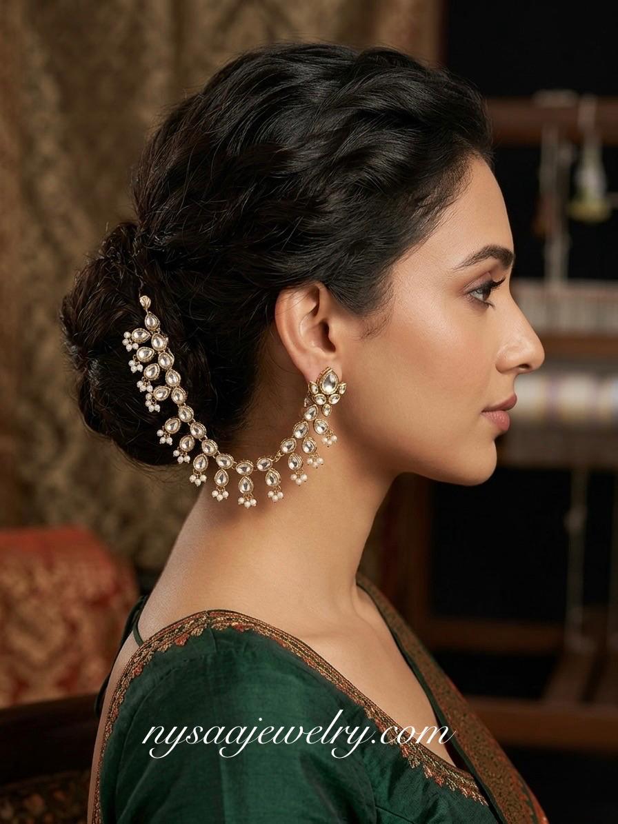 Gold Plated kundan and pearl Ear Chain: Kaan Vel