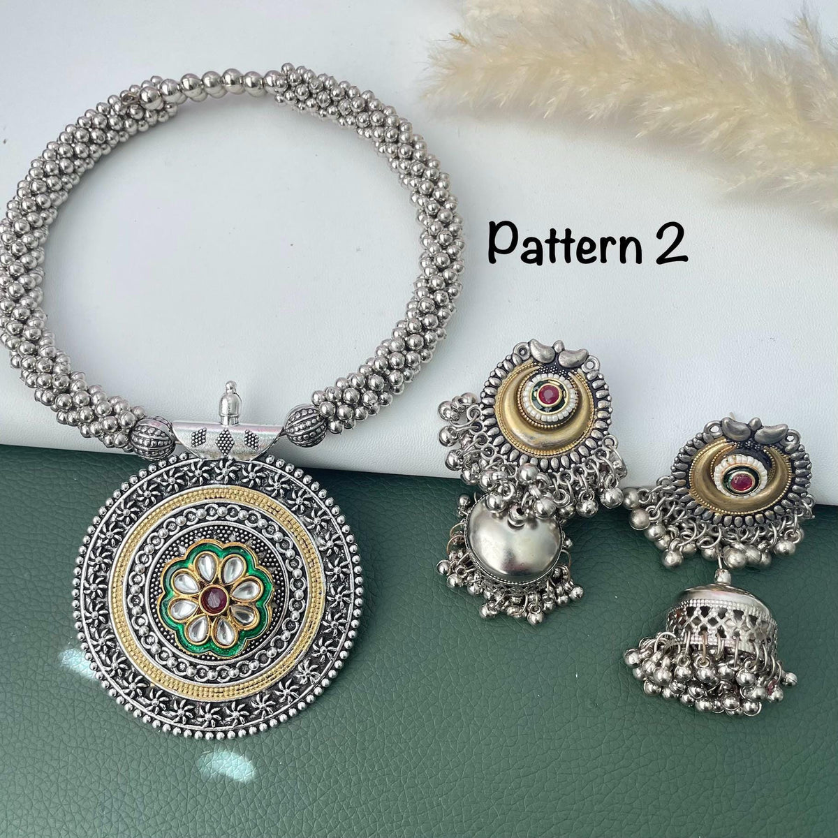 Dual tone Oxidised small pendent fancy thushi / hasli with matching jhumkis