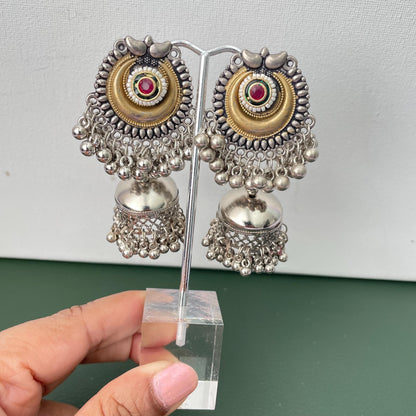 Dual tone Oxidised small pendent fancy thushi / hasli with matching jhumkis