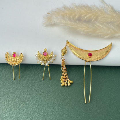 Maharashtrian Golden Crescent Hair Pins: Festive Bun and Braid Accessories