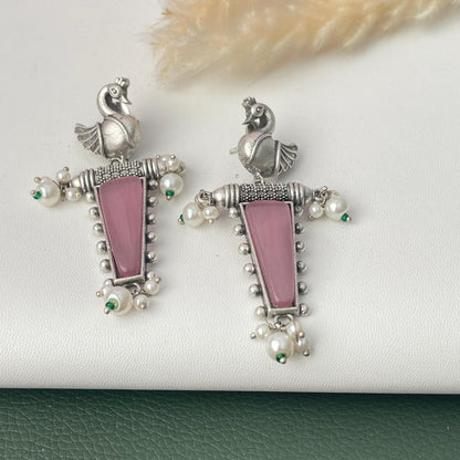 MonaLisa stone silver lookalike peacock earrings
