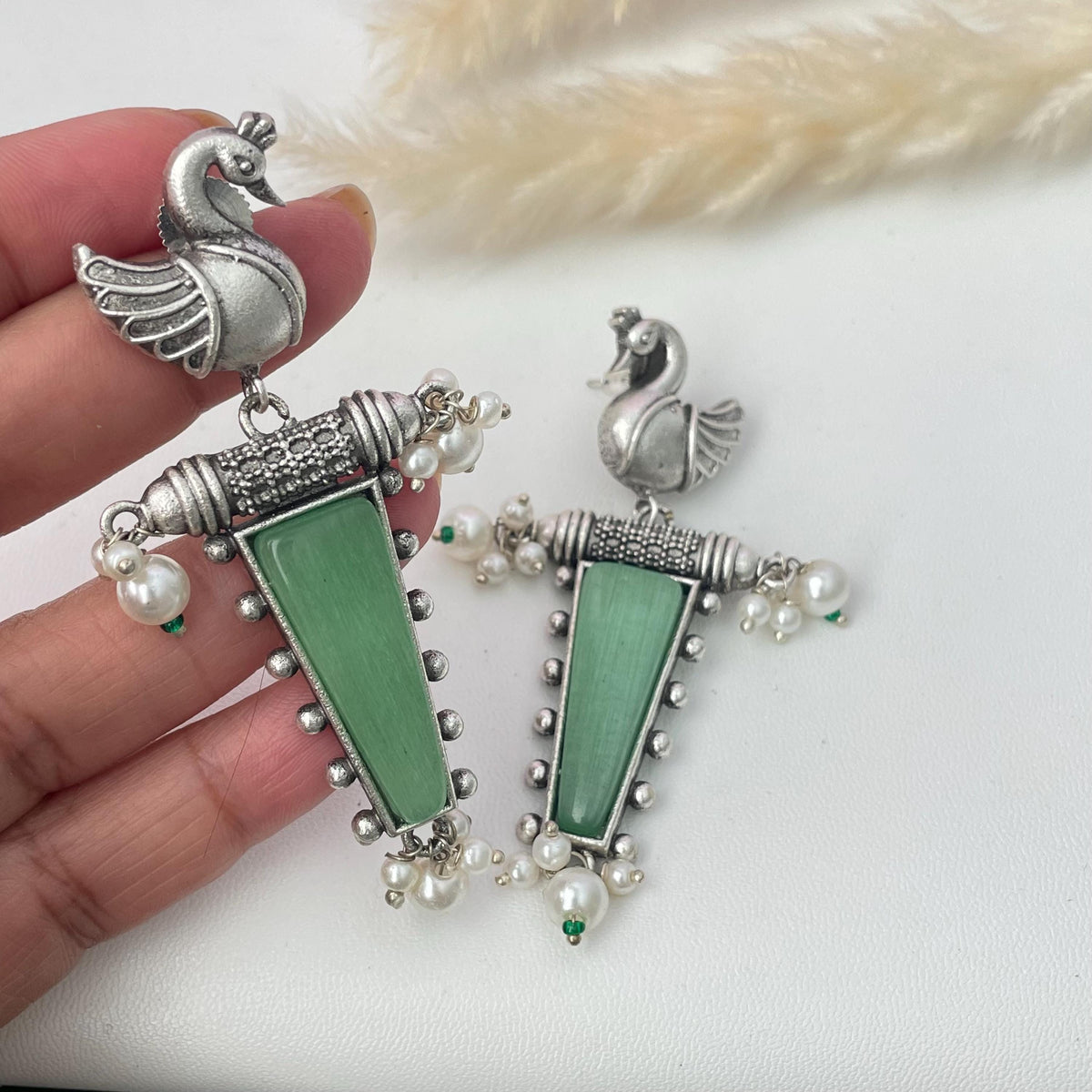 MonaLisa stone silver lookalike peacock earrings