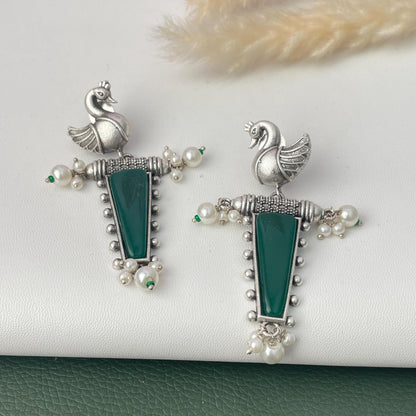 MonaLisa stone silver lookalike peacock earrings