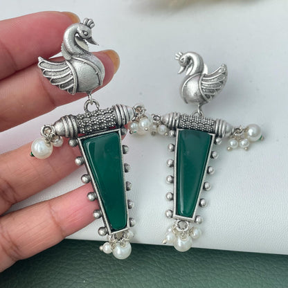 MonaLisa stone silver lookalike peacock earrings