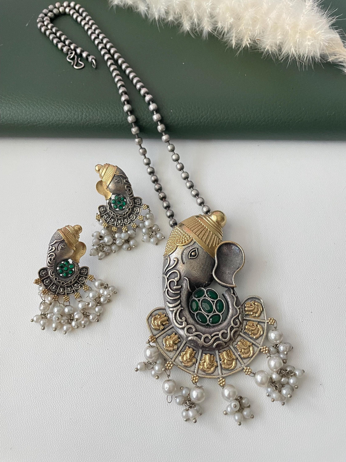 Oxidized Ganapati Necklace Set: Monalisa Stone, Colorful Festive Jewelry , Ashtavinayak themed
