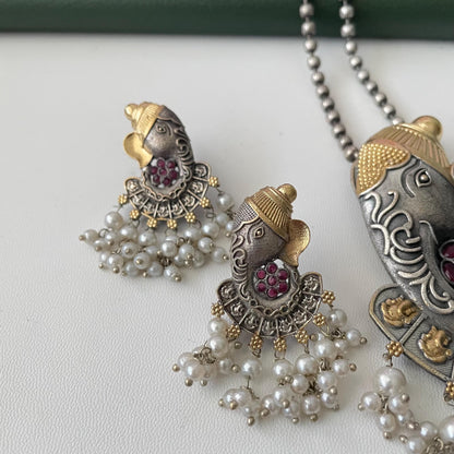 Oxidized Ganapati Necklace Set: Monalisa Stone, Colorful Festive Jewelry , Ashtavinayak themed