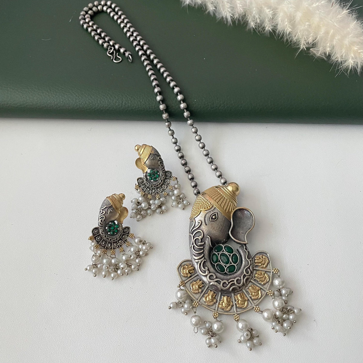 Oxidized Ganapati Necklace Set: Monalisa Stone, Colorful Festive Jewelry , Ashtavinayak themed