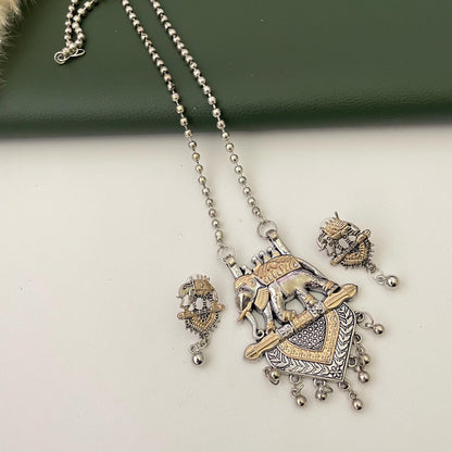 Nysaa Dual tone long necklace with Monalisa stone with matching earrings set