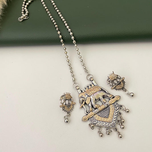 Nysaa Dual tone long necklace with Monalisa stone with matching earrings set