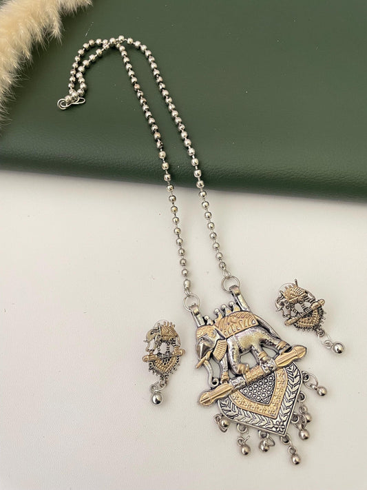 Dial tone oxidized elephant necklace set with matching earrings