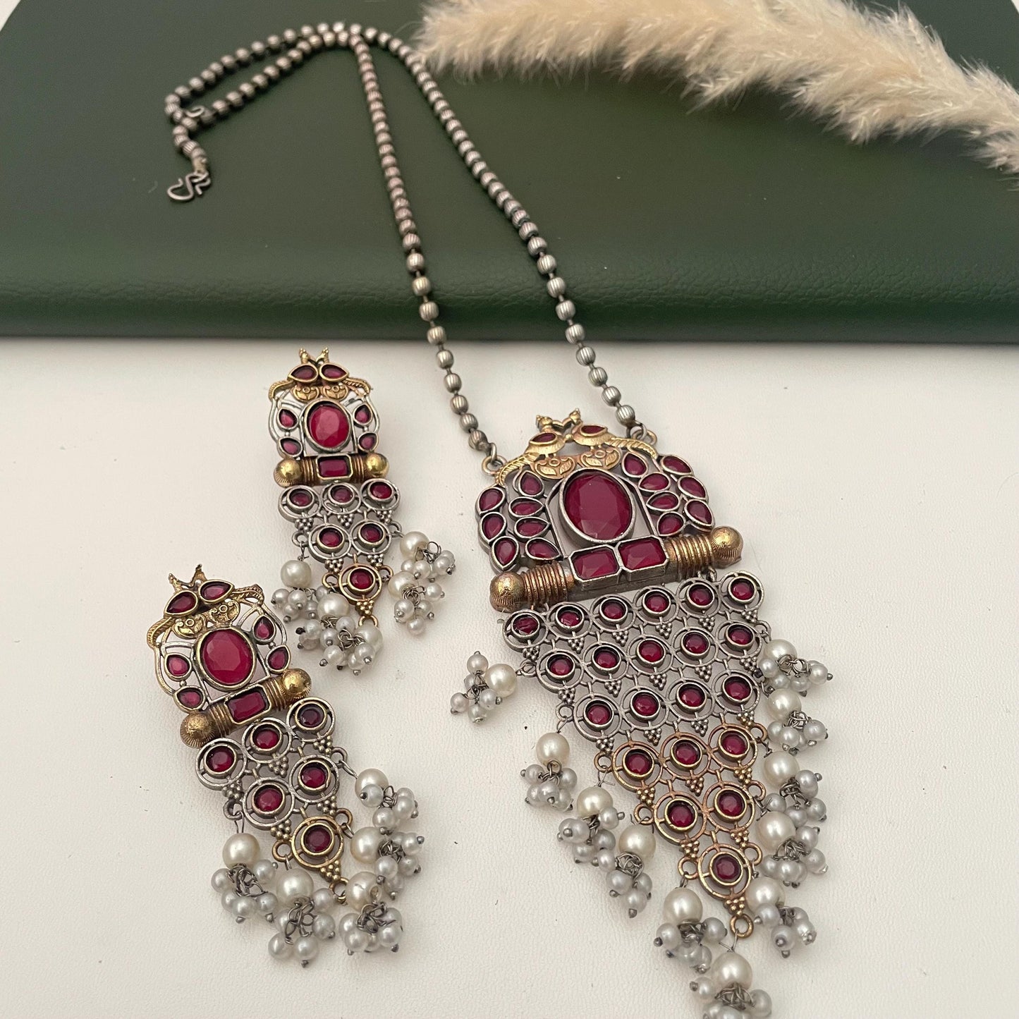 Oxidized Necklace Set: Monalisa Stone, Colorful Festive Jewelry