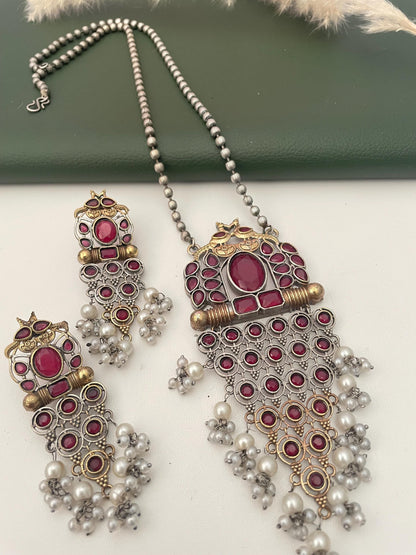 Oxidized Necklace Set: Monalisa Stone, Colorful Festive Jewelry