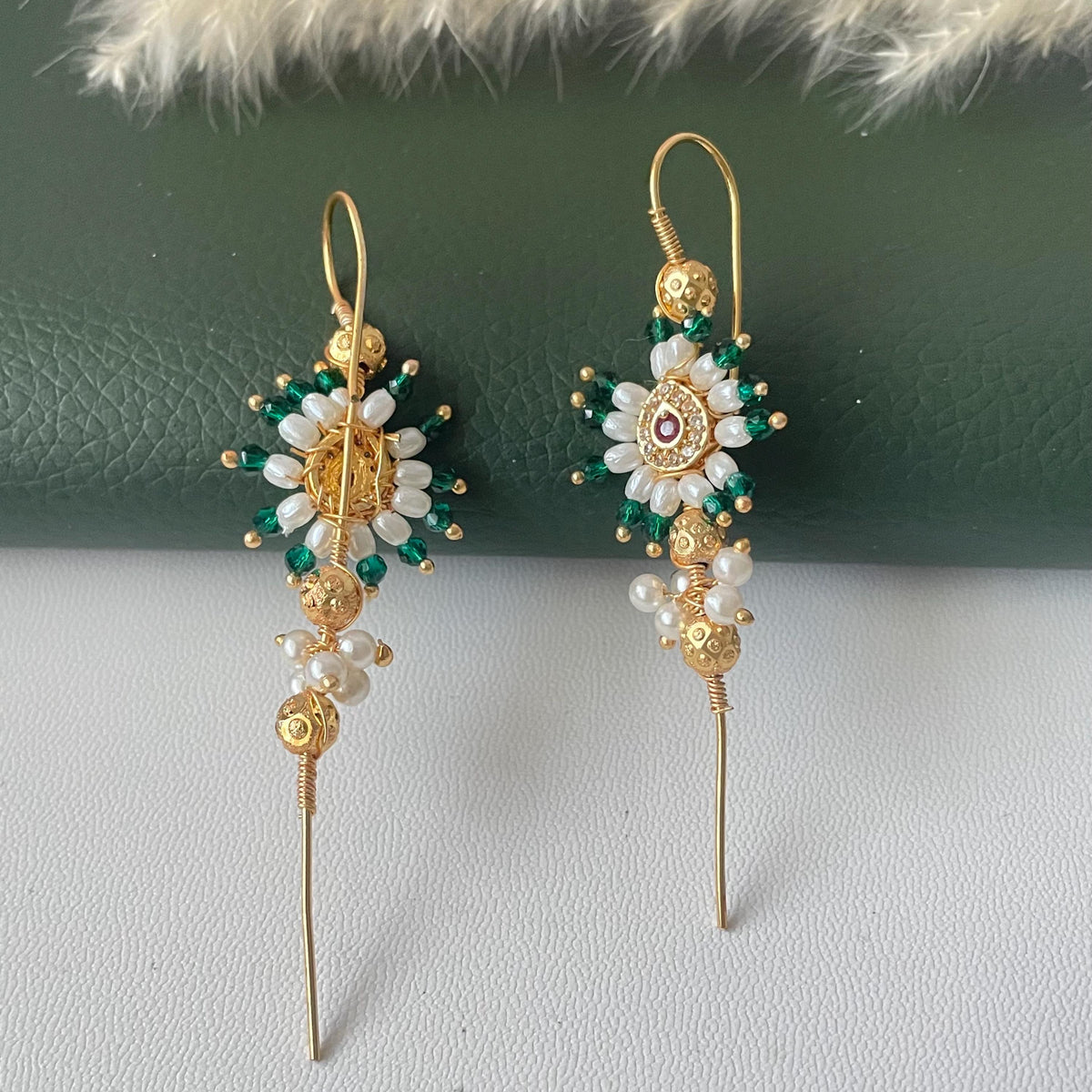 Green pearl CZ needle earcuffs very lightweight