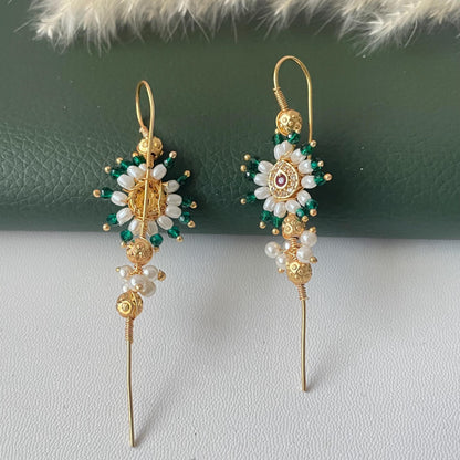 Green pearl CZ needle earcuffs very lightweight