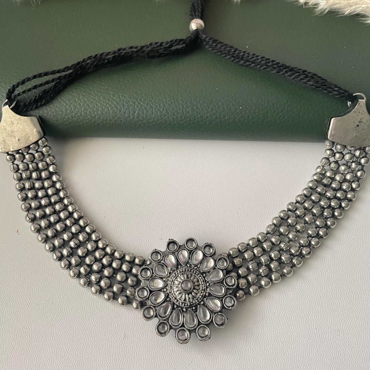 Oxidized Kolhapuri Choker Necklace with Stud Earrings: Adjustable Indian Jewelry