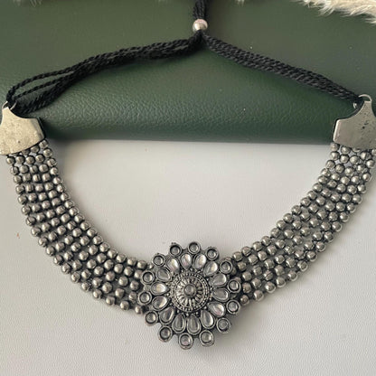 Oxidized Kolhapuri Choker Necklace with Stud Earrings: Adjustable Indian Jewelry