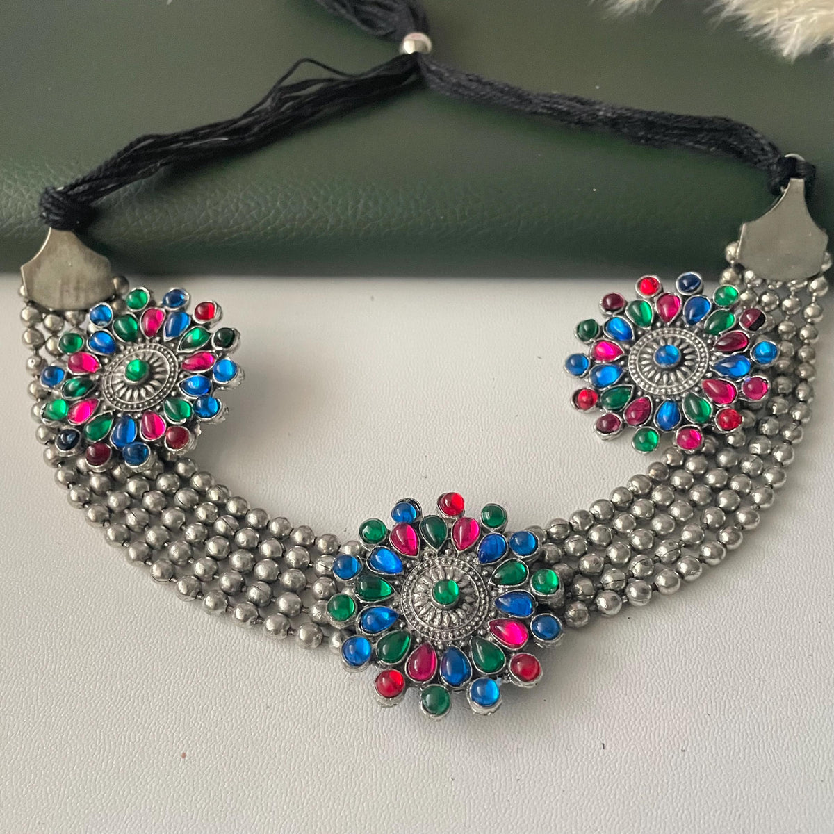 Oxidized Kolhapuri Choker Necklace with Stud Earrings: Adjustable Indian Jewelry