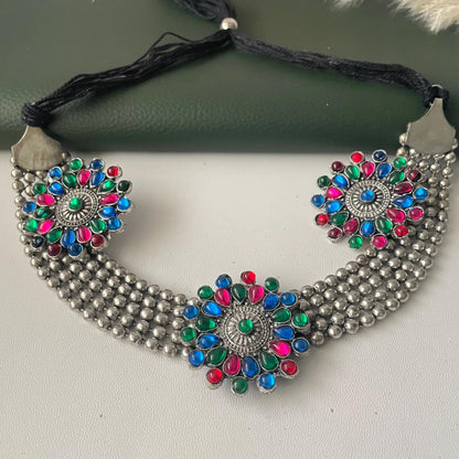 Oxidized Kolhapuri Choker Necklace with Stud Earrings: Adjustable Indian Jewelry