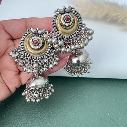 Dual tone Oxidised small pendent fancy thushi / hasli with matching jhumkis