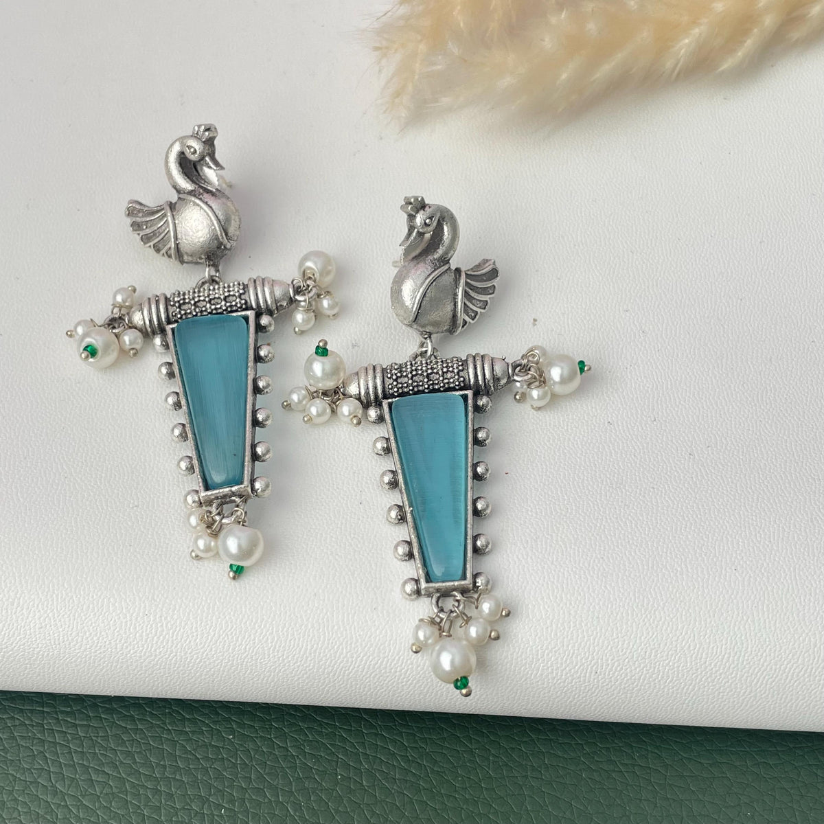 MonaLisa stone silver lookalike peacock earrings