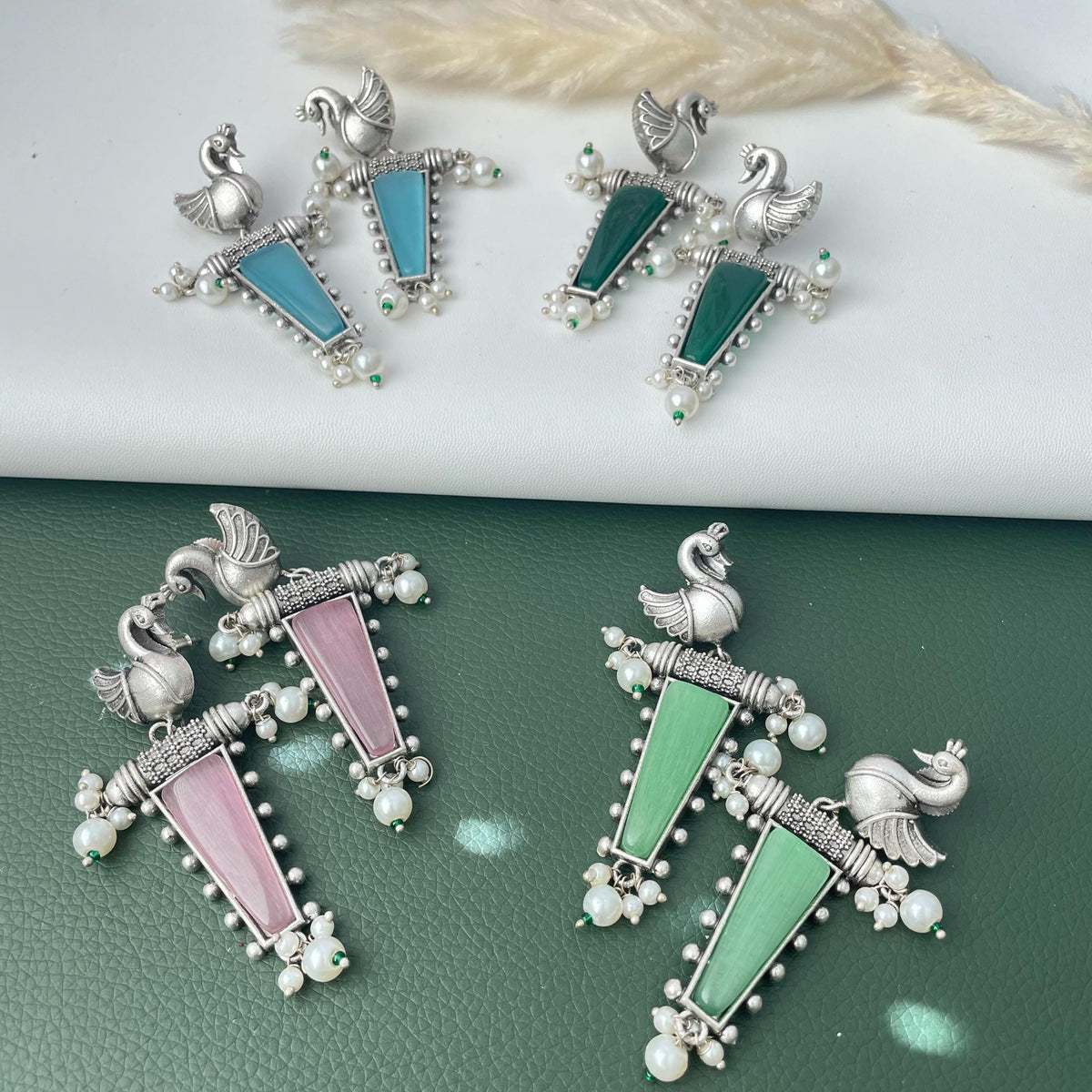 MonaLisa stone silver lookalike peacock earrings
